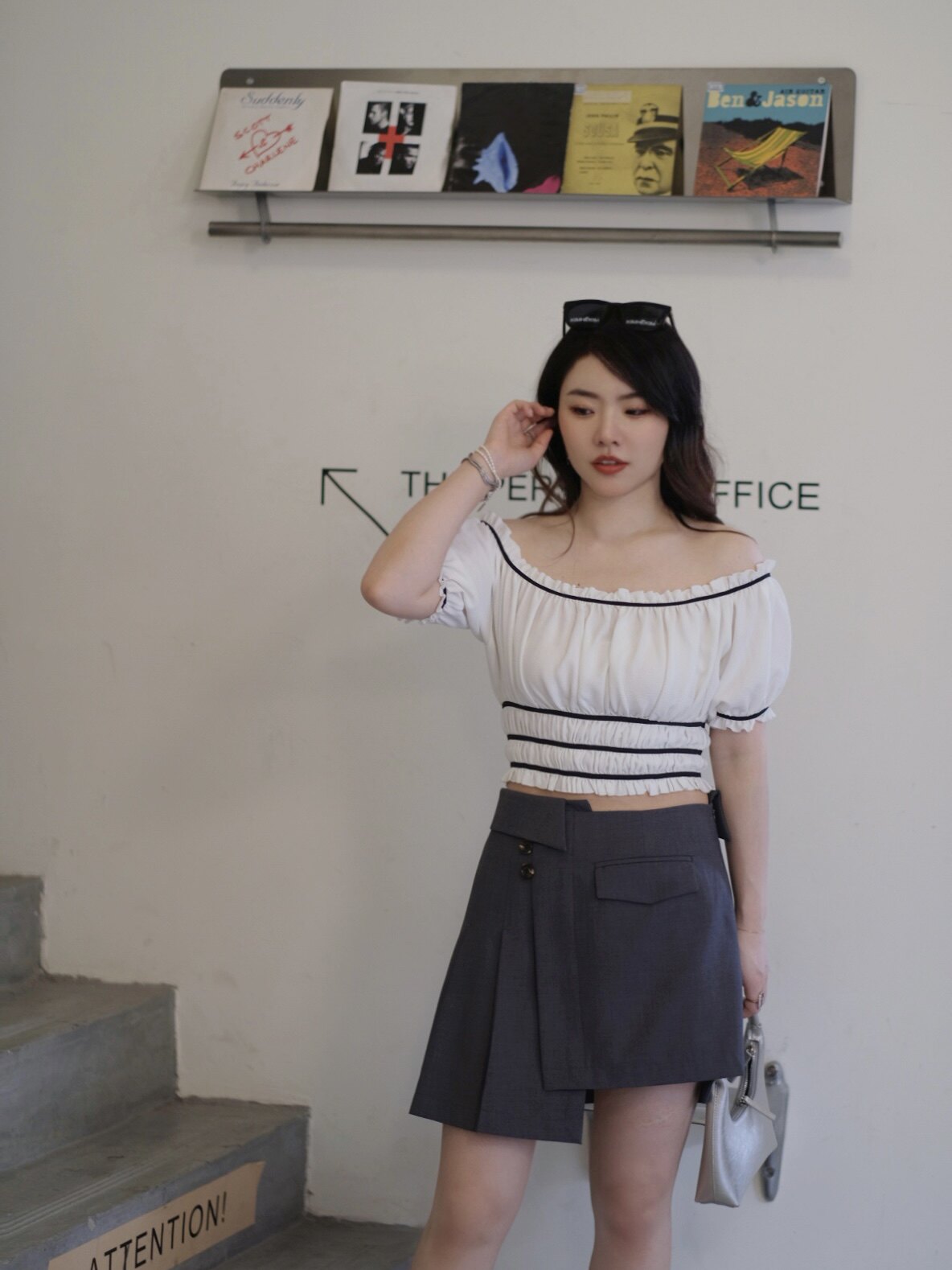 JML ginger wheat grains, irregular and asymmetrical grey, slimming, high-waisted suit skirt, short skirt, A-line solid color pleated details Picture